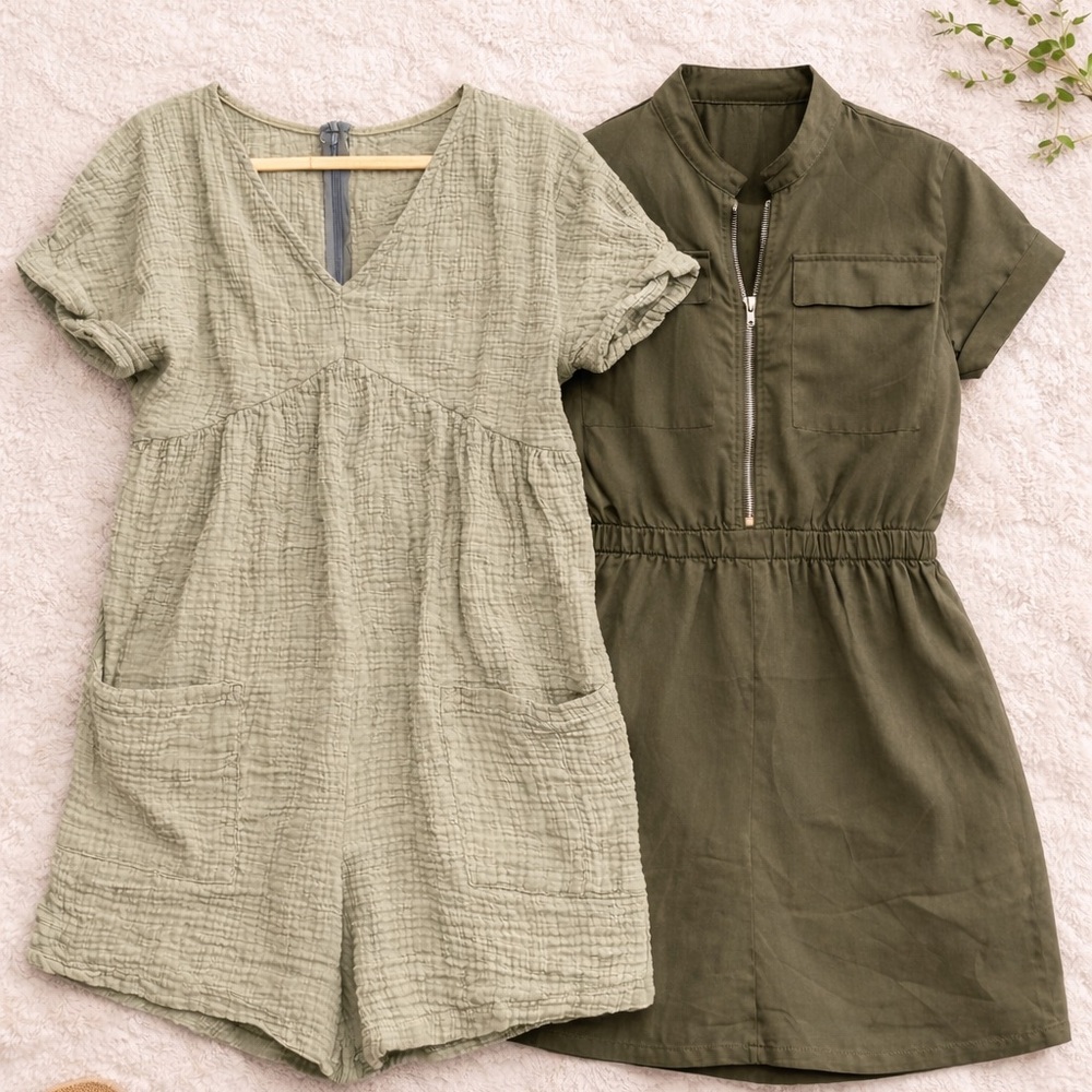 SHEIN Light Sage Romper & Olive Zip-Front Dress Set